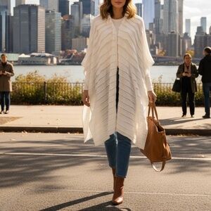 #A312 Chico’s White Ruffle Shawl Open Front Elegant Layering ResortWear One Size